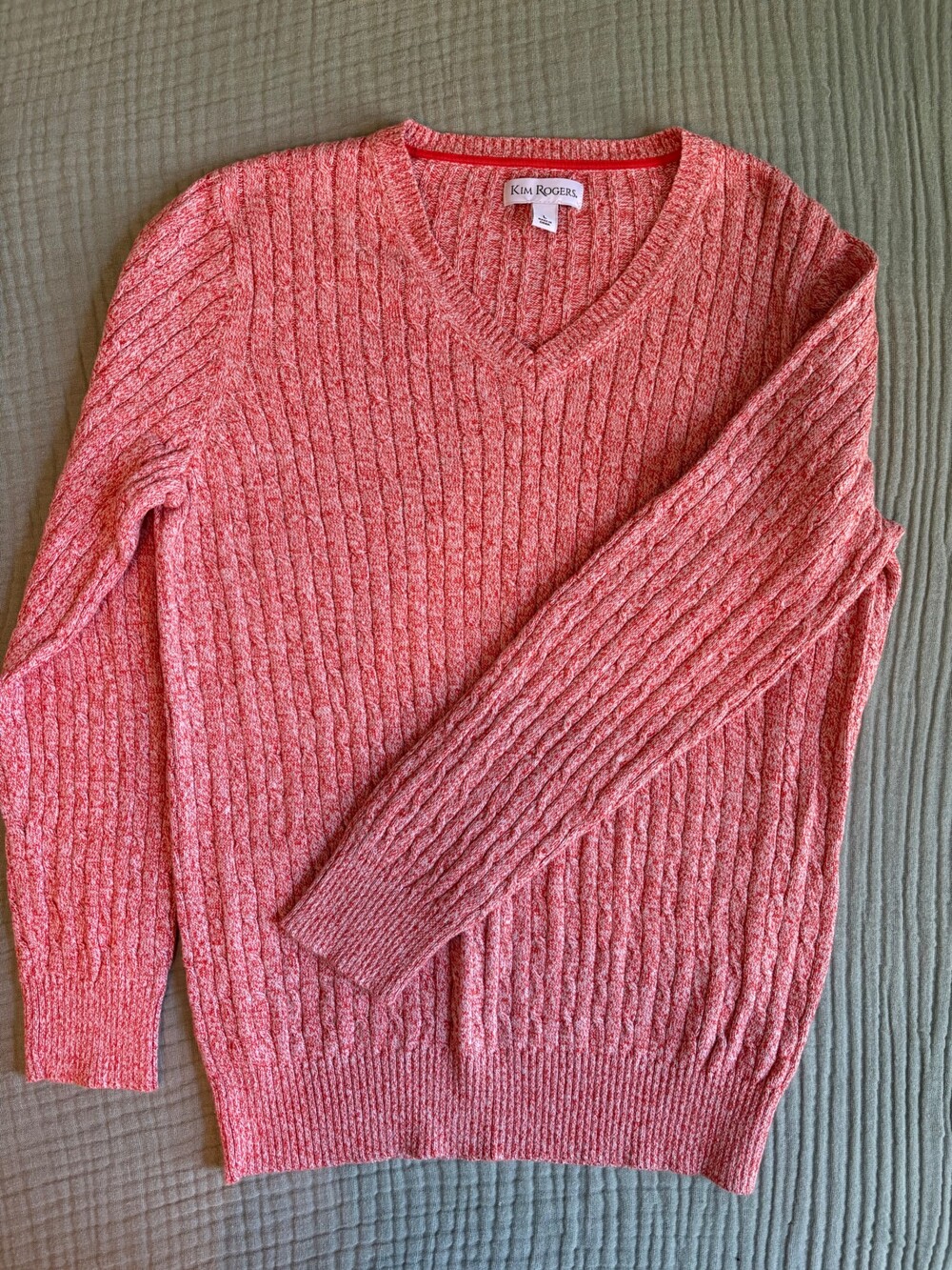 Kim Rogers Large Orange/Coral Cable Knit V-Neck Sweater
